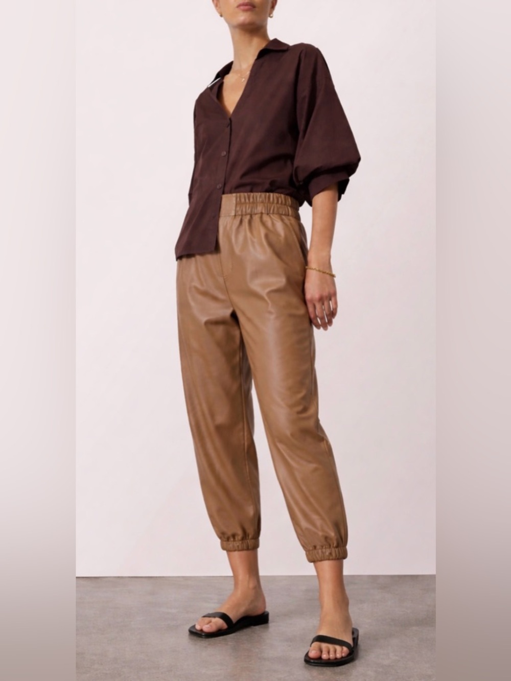 Italian Vegan Leather Pants in a timeless camel tone. Elevated, minimal & chic.